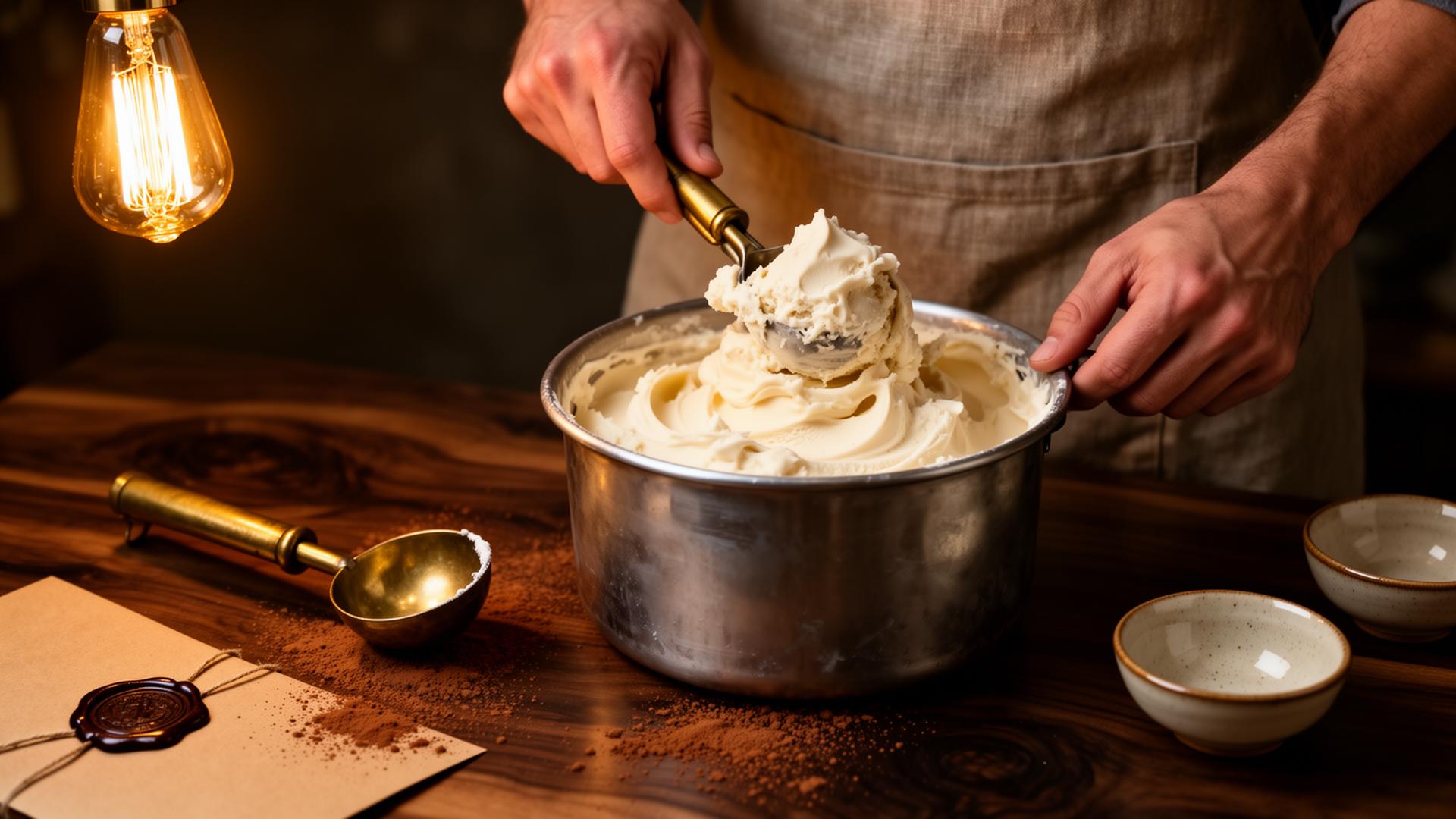 Hands folding fudge on a walnut counter under a single warm pendant lamp