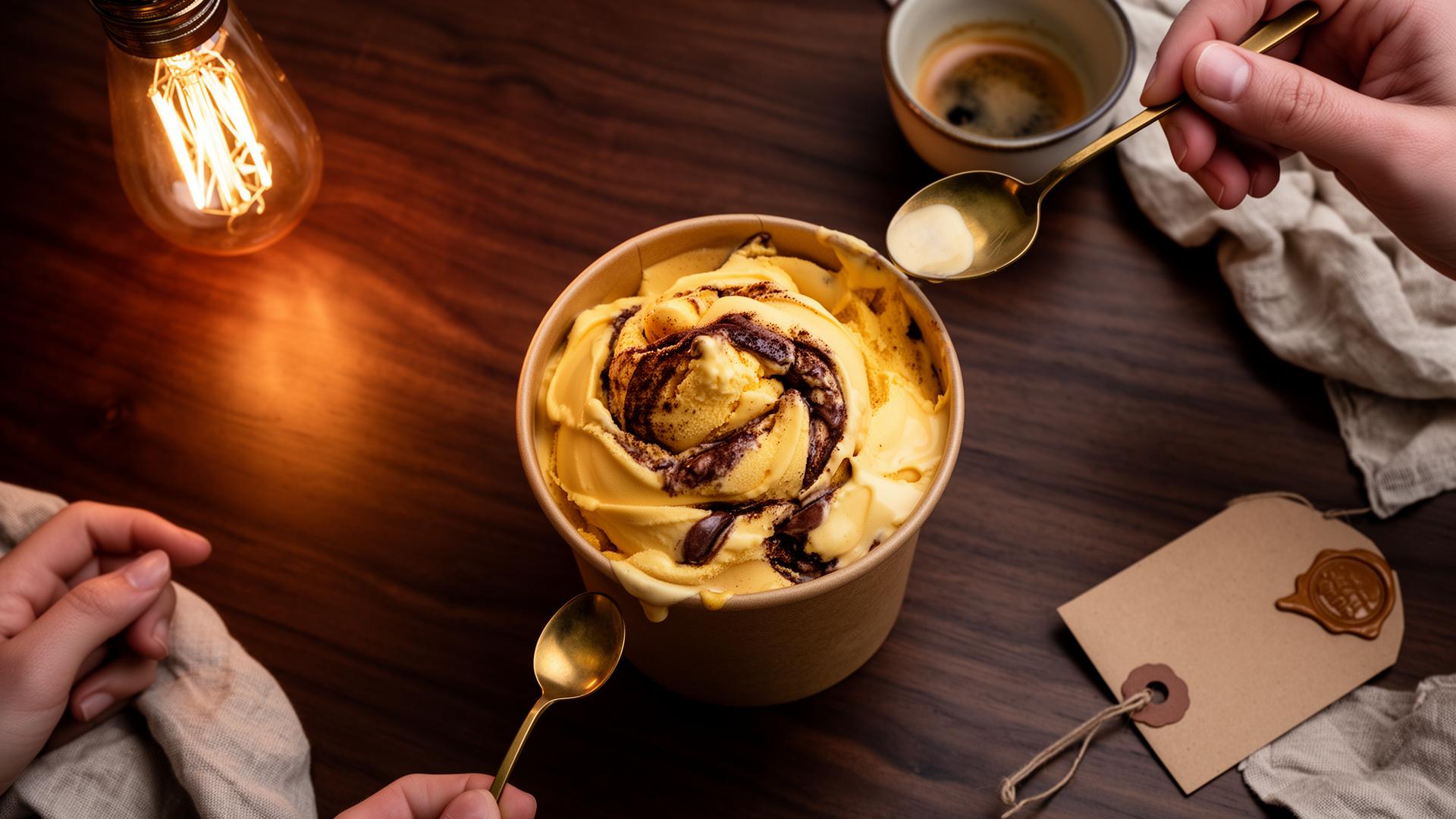 A 32oz tub of artisan ice cream at the center of a walnut shared table under warm tungsten light, hands and spoons reaching in